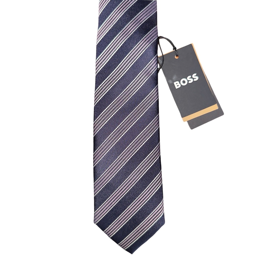 Hugo Boss 100% Silk Navy Blue Purple Stripe Neck Tie NWT‎